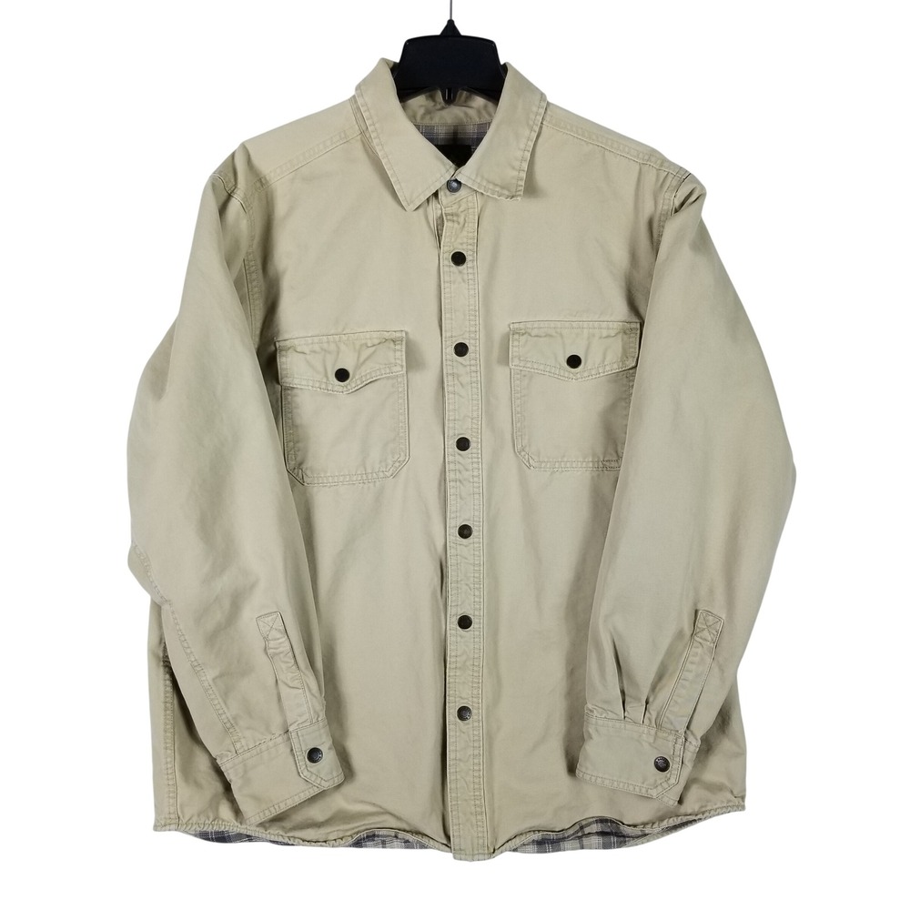 Eddie Bauer Shirt Jacket Mens Large Tan Flannel Lined Cotton Twill Heavyweight